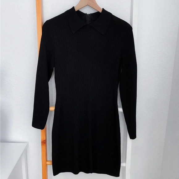 St. John Point Collar Ribbed Mini Dress Long Sleeve Black Wednesday Addams - Picture 11 of 11
